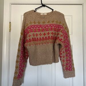 NATURAL LIFE Tan Sweater with Pink and Gold Patterns